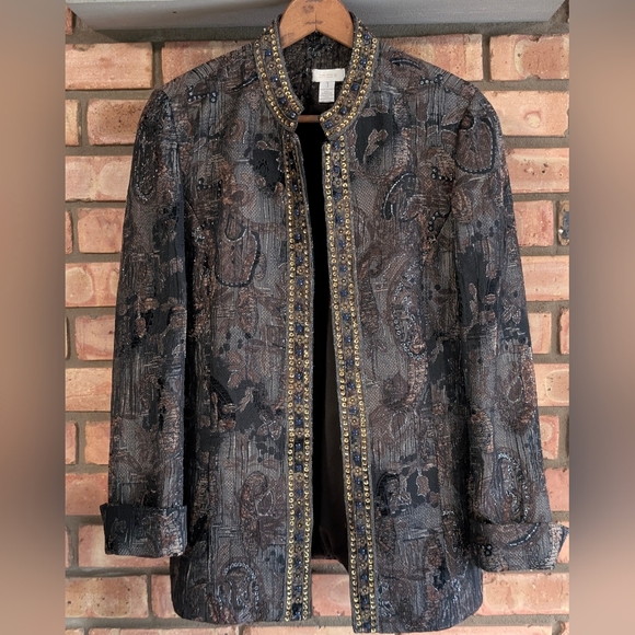 Chico's Embellished Brown Black and Gold Tapestry Jacket - Picture 1 of 12
